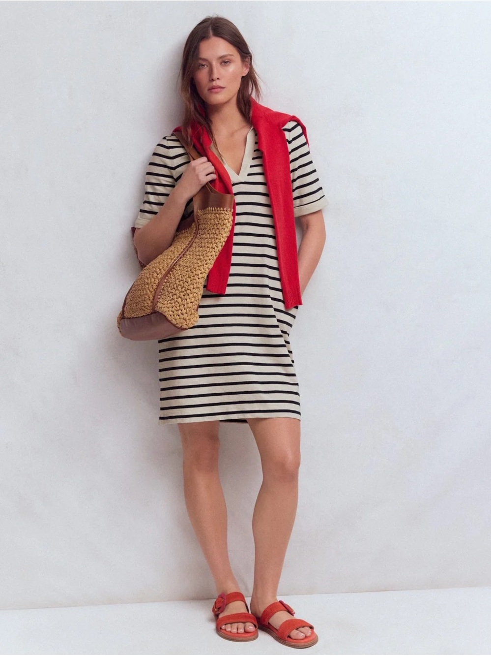 Boden Cream and Navy Striped Polo Midi Dress